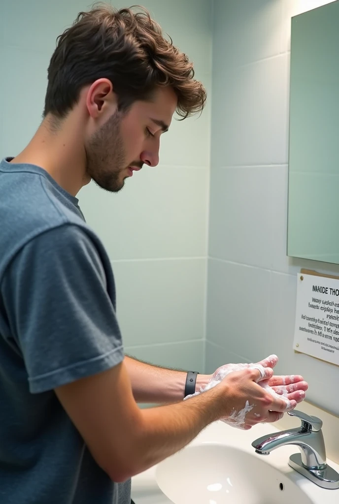 The young man is in the bathroom, applying soap.
A sign on the sink says: “Wash your hands for at least 20 seconds.”(the same character as before)