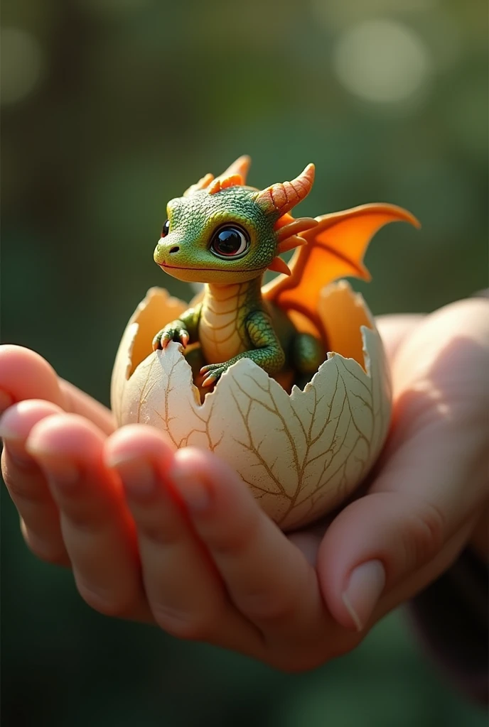 A  dragon And the egg shell , Made of Leaf, in the palm of the hand, Baby dragon, 