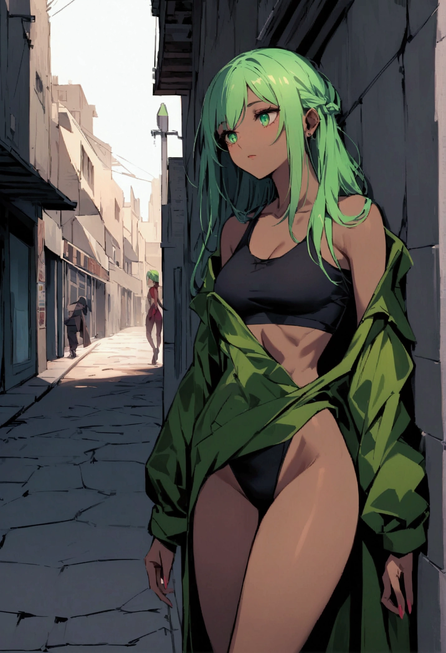girl with a slim, athletic figure, marked by the need to survive in a harsh city. Her hair is short and vibrant green, Her eyes are deep green, Her skin is fair, she lay on the streets, wears broken homeless clothes that show part of her body