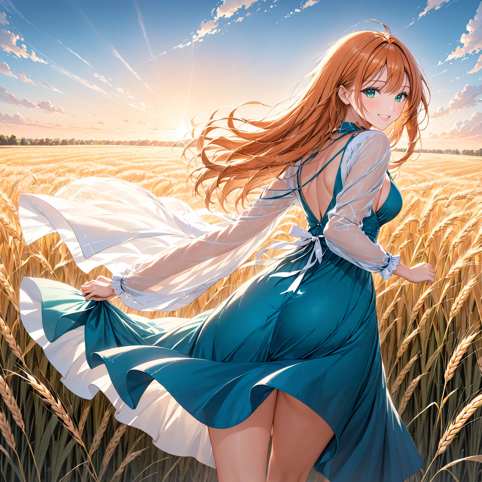 1 girl, alone, long orange hair, running, (tall wheat field), turn around, emerald eyes, long blue dress, revealing white outfit, sunset, spectacular sunset, shadow on figure, smile, laugh , (sky blue), on a wheat background, standing in the distance, looking at the viewer. view from behind.