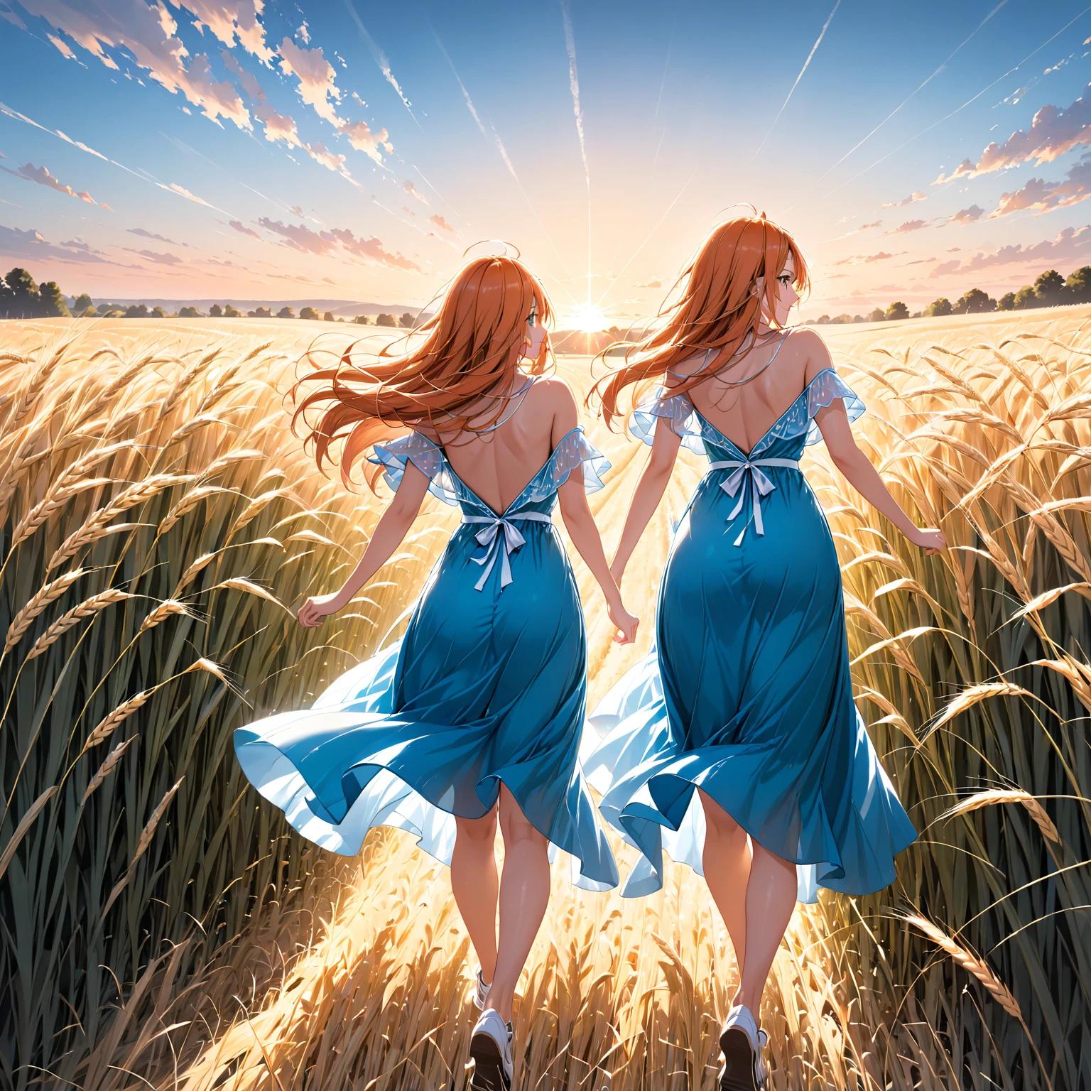 1 girl, alone, long orange hair, running, (tall wheat field), turn around, emerald eyes, long blue dress, revealing white outfit, sunset, spectacular sunset, shadow on figure, smile, laugh , (sky blue), on a wheat background, standing in the distance, looking at the viewer. view from behind.