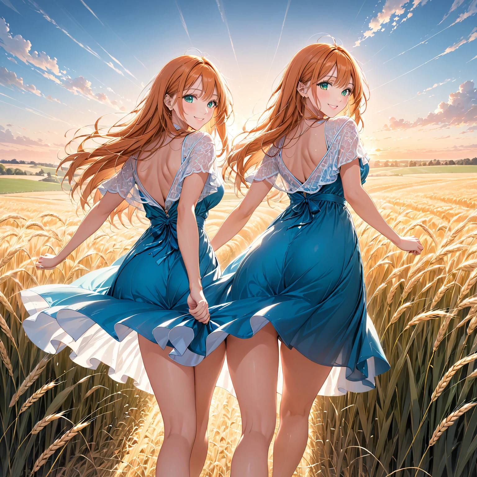 1 girl, alone, long orange hair, running, (tall wheat field), turn around, emerald eyes, long blue dress, revealing white outfit, sunset, spectacular sunset, shadow on figure, smile, laugh , (sky blue), on a wheat background, standing in the distance, looking at the viewer. view from behind.