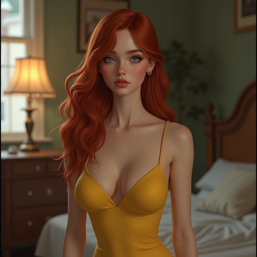 skini girl, yellow dress , (pale skin), blue eyes, white girl, deep red hair, ultra realistic, , large boobs, room background