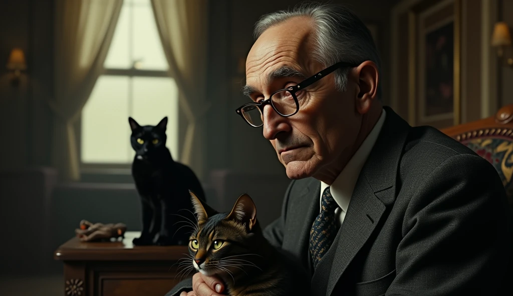 An elderly man named Edgar Cayce, with a serene and contemplative expression, is thin. He has short, dark hair, a little gray, no beard, and wears a classic 1930s suit, with small, square prescription glasses and a discreet tie. Cayce is with a cat in a large house with 2 cats. The soft, diffuse lighting highlights his face, conveying an aura of wisdom and introspection. The scene has a nostalgic and mysterious tone, reflecting the enigmatic character