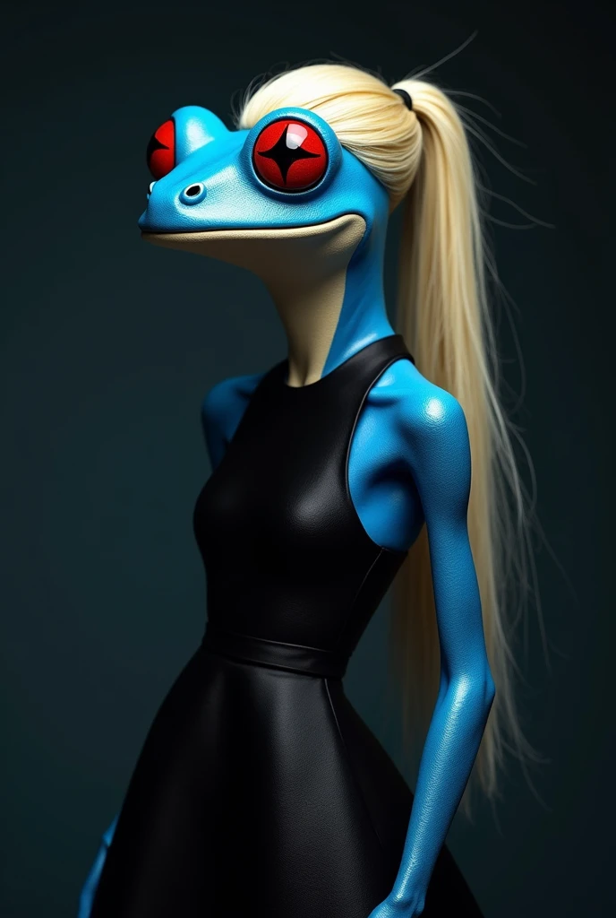 a beautiful frog with (blue makeup only around the eyes), ((seductive red eyes)) and eyelashes, long straight blonde hair tied in a ponytail, black dress, super model editorial pose, realistic, dark background and shadows