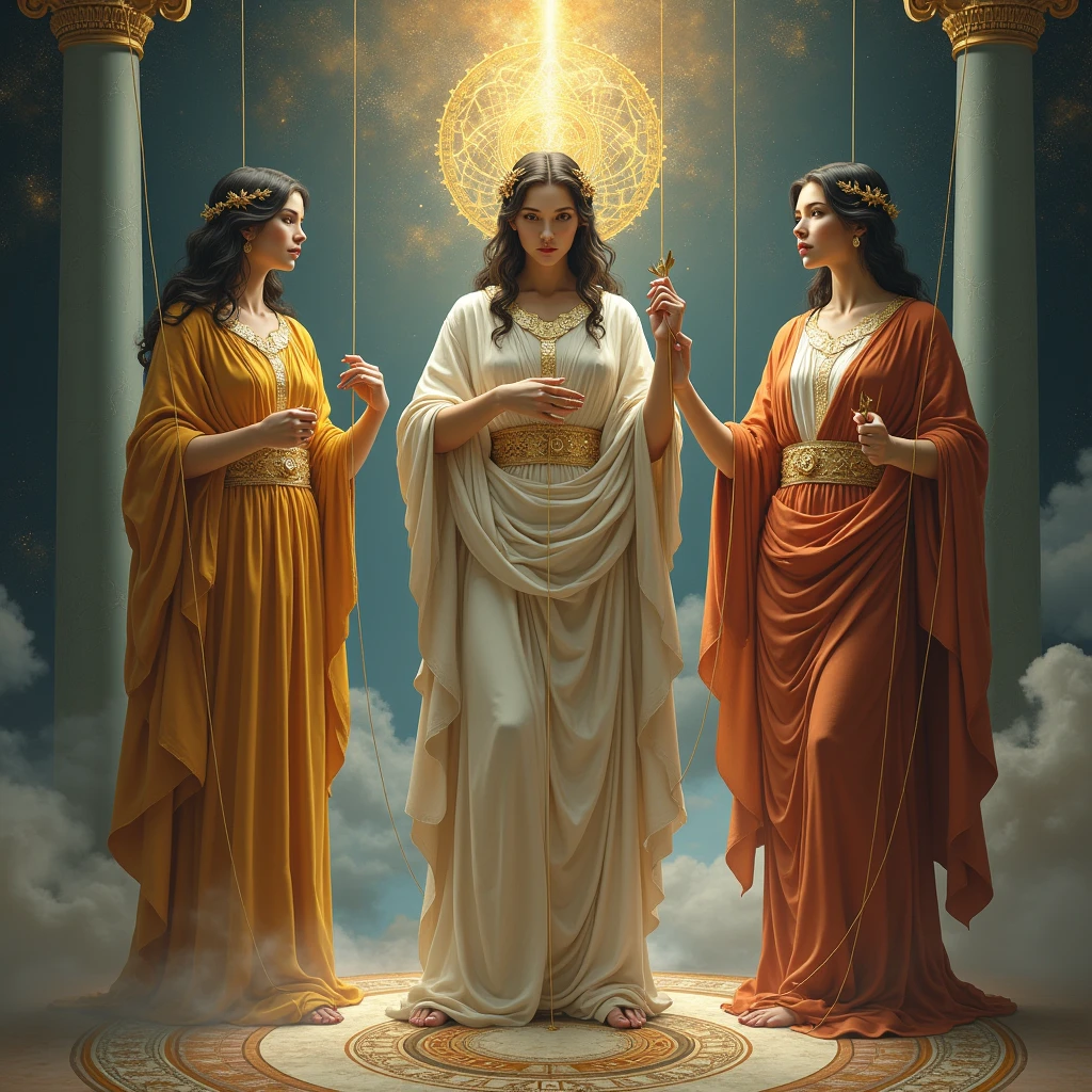 Las Moiras, The three goddesses who weave the existence of men and gods, each one in her task, one spinning the thread, another measuring the length of the thread and the third with scissors cutting the thread, according to Greek mythology.