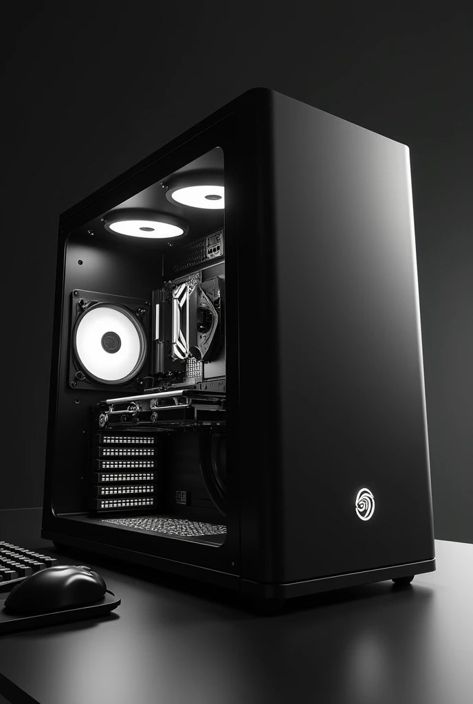Create an ultra-modern computer setup with a sleek, black-and-white color scheme. The computer case should be minimalist, featuring sharp, clean lines with a matte black finish and subtle white accents. The desk and peripherals, including the keyboard and mouse, should match the monochromatic theme, with a focus on elegant, understated design