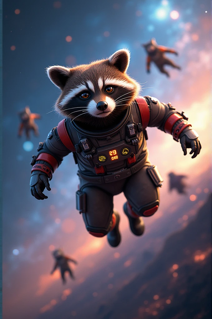 Raccoon flying in space with the guardians of the galaxy