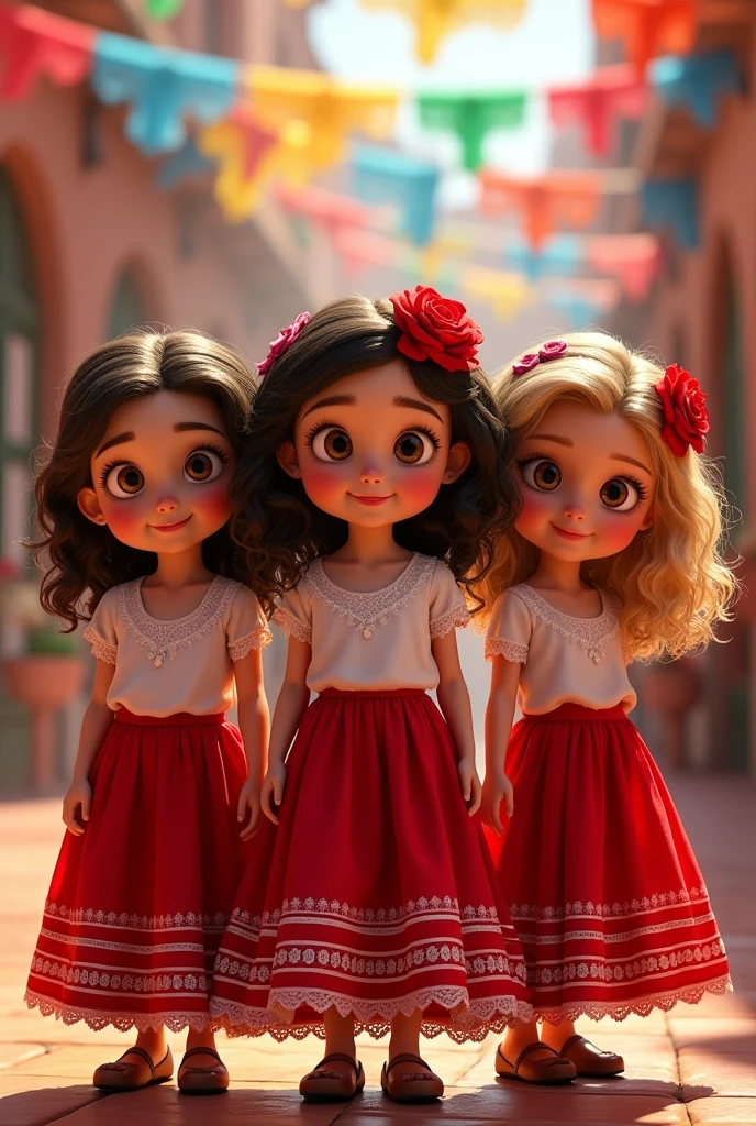 Three  children dressed alike in a red dress, skirt and white top in the Mexican mariachi style, the middle one medium hair ,up to the shoulder with lots of curls and a red rose on the head holding it , eyes browns , skin fair , the two on the end are identical , gêmeas loiras eyes browns e skin faircom o fundo do filme viva a vida é uma festa da Disney Pixar com caveirinhas mexicanas dançando 