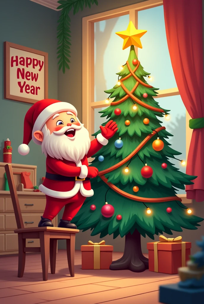in Christmas costume standing on a chair with one foot to put the star on the Christmas tree Joy, high-detail vector cartoon and a signboard that says happy new year
