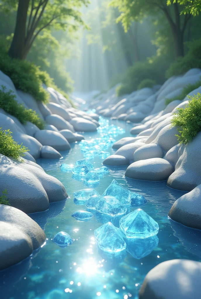 A beautiful stream full of crystals surrounded by white stones