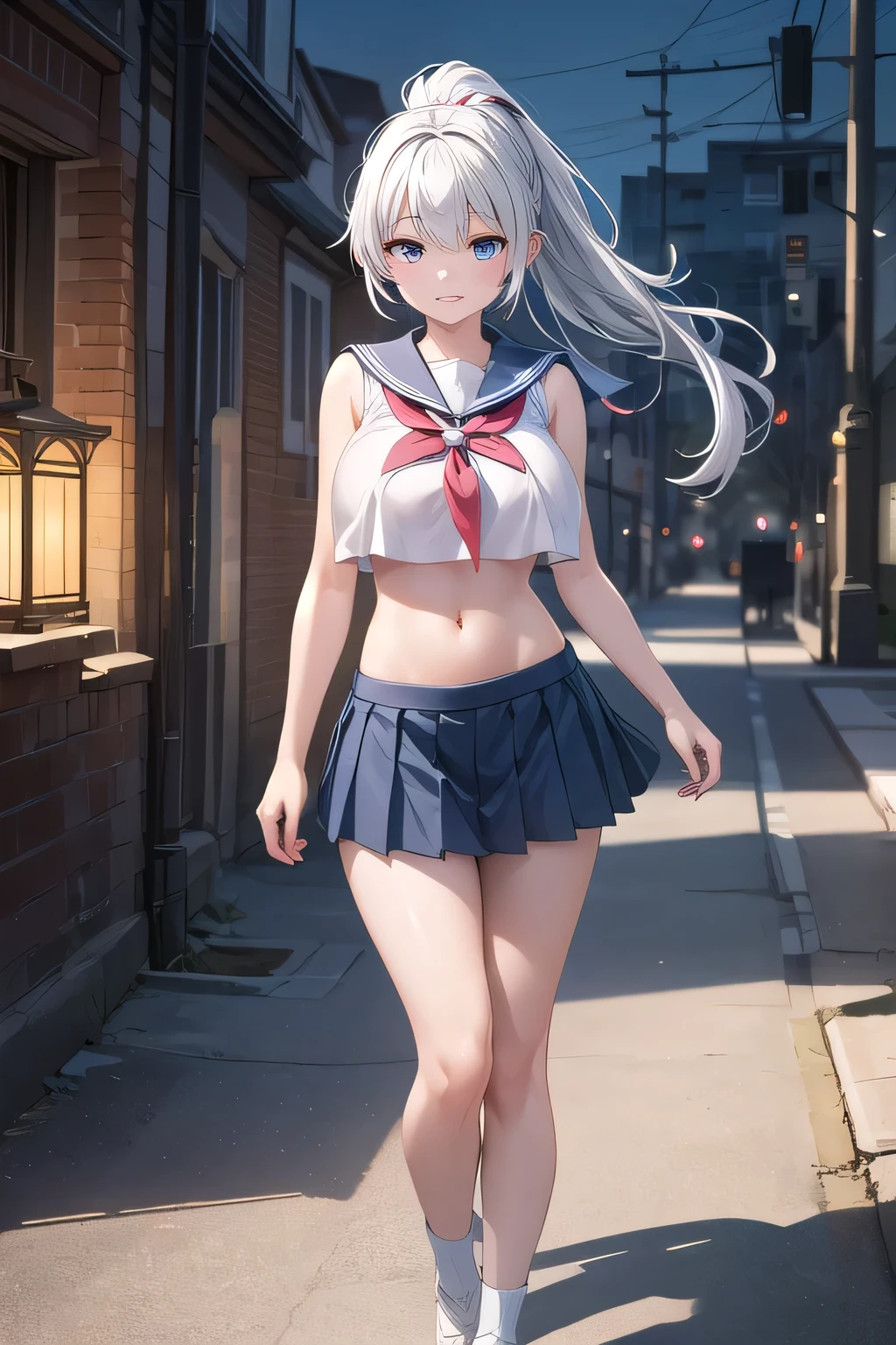 最high quality、high quality、best image quality、8K、最High resolution、High resolution、最high quality、masterpiece、whole body photos、 skin in every detail、 face in every detail、 eyes in every detail、 lips in every detail、 teeth in every detail、 ears with attention to detail、 hair with detailed details、arms with attention to detail、 hands with attention to detail、 fingers with attention to detail、 (fine hands、thumb1reference4)、 legs with attention to detail, feet with attention to detail, 8k, ultra HD, sharp focus, details hair, beautiful hair, details face, beautiful detail eye, details pupil, perfect hand, vibrant colours, soft lighting, best quality,4k,highres,masterpiece:1.2, ultra-detailed, portraits, HDR:1.1, vivid colors:1.1, studio lighting, bokeh, highly saturated colors, detailed background, subtle shadows, ethereal glow, pastel color palette, delicate details, sublime beauty, feminine charm, crisp focus, fine brushwork, impeccable craftsmanship, emotional depth, captivating storytelling, intriguing narrative)
, impressive realism, exceptional artistry, masterpiece-worthy, awe-inspiring.
1 girl, white skin, long colour hair, random high ponytail hair, layers hair, bangs hair, beautiful girl, cute girl, sweet girl, pretty girl, perfect girl, perfect body, pretty eyes, multi coloured eyes, thin lips, (eye line, lip soft), huge breast, outdoors, smile, thigh, legs, sailor school uniform, sleeveless, crop top, blue skirt, full cover, standing, photo on middle fancing camera, full body,