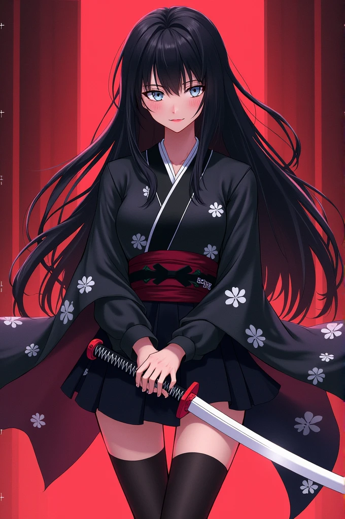 The illustration is in the style of Kimetsu no yaiba, the girl is a very powerful pillar, the blade of her katana is white, her hair is long and straight black, her eyes are white, her cheeks and lips are pink. carmine color. Her hunter's uniform is short, she has a neckline and black stockings, and her haori has white flowers at the ends of her sleeves.