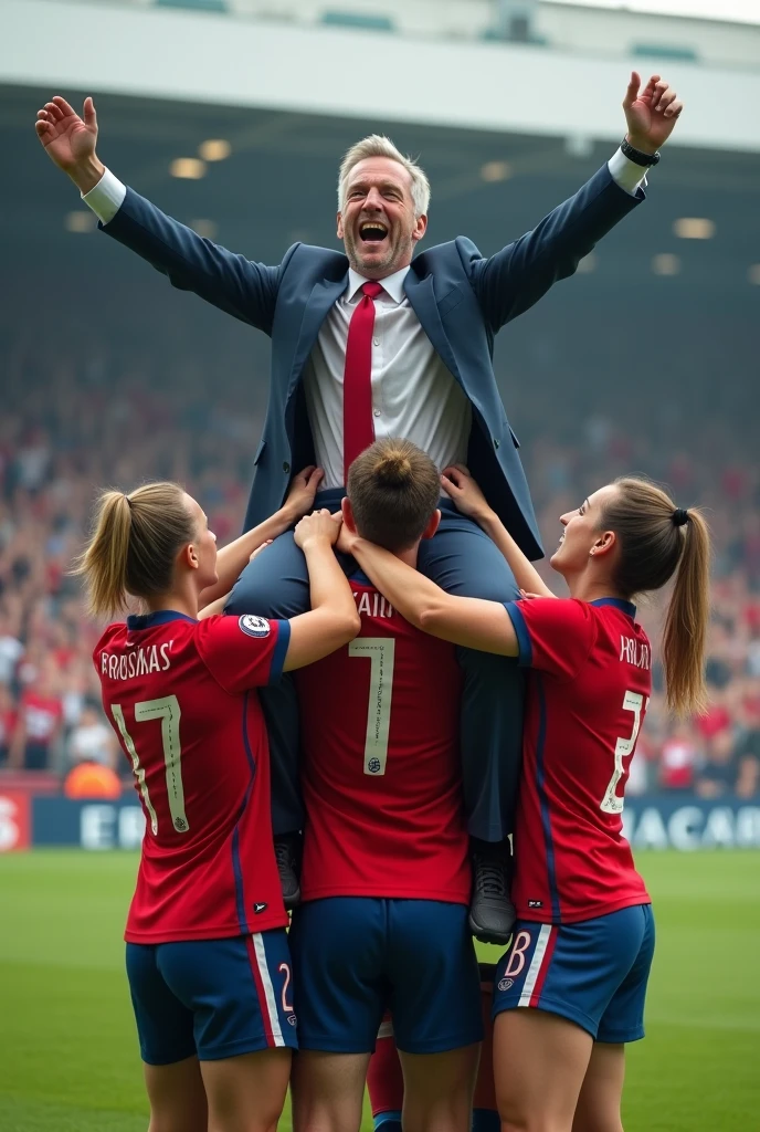 Create a realistic image of a british female football team carrying their male manager in celebration