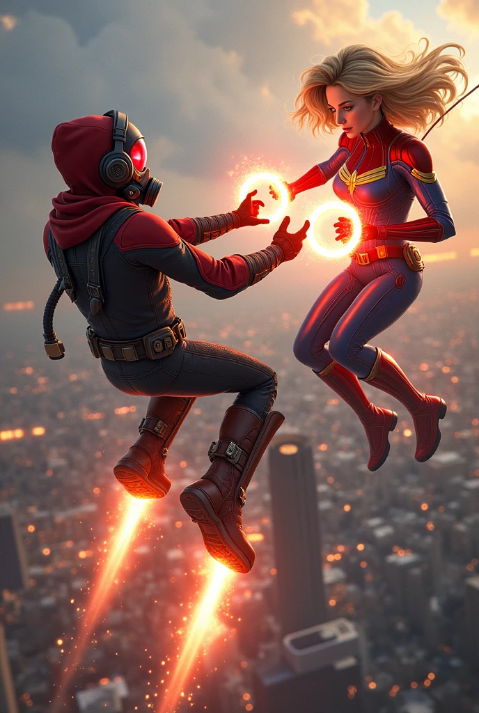 Young Star-lord with red hoodie, headphones, star-lord helmet, gas helmet, covered mouth, round red eyes, Red eyes, magic rings in the hands and rocket boots, Vs, Capitana marvel (Big tits), Fighting, power, fiction, full body, 3 persons, magic lasso, hight, fall, fire in boots, poweful spells, fighting, realistic, helmet, mask, punch, gun, flying in the sky, view of the city from above, hug