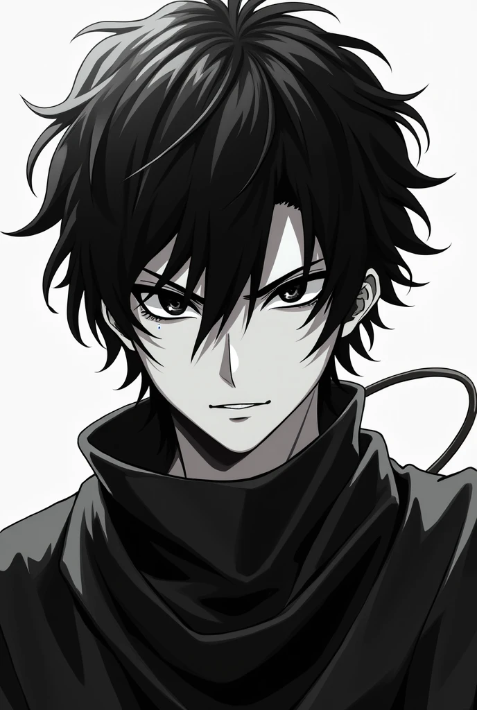 BLACK HAIR MAN, black eyes anime style 2d to black and white