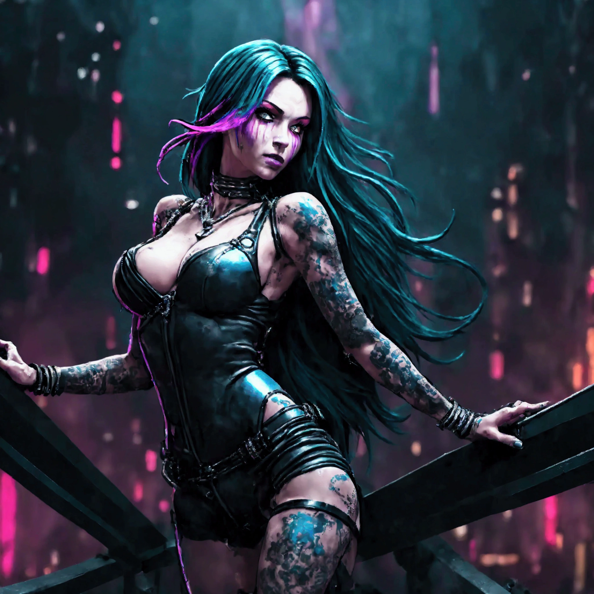 arafed woman with blue hair and tattoos posing on a railing, dark cyberpunk illustration, seductive cyberpunk dark fantasy, cyberpunk art style, cyberpunk angry gorgeous goddess, cyberpunk beautiful girl, cyberpunk themed art, cyberpunk girl, jet black haired cyberpunk girl, female cyberpunk anime girl, cyberpunk artstyle, cyberpunk dark fantasy art, cyberpunk 2 0 y. o model girl