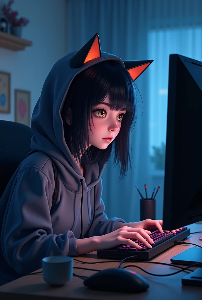 Gamer girl in a hood with cat ears ,with dark hair just below the shoulders, at the computer 