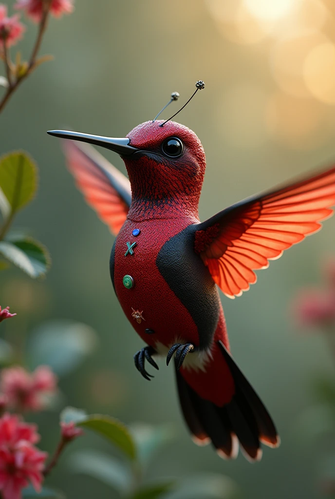 Red and black hummingbird wearing a pixar suit