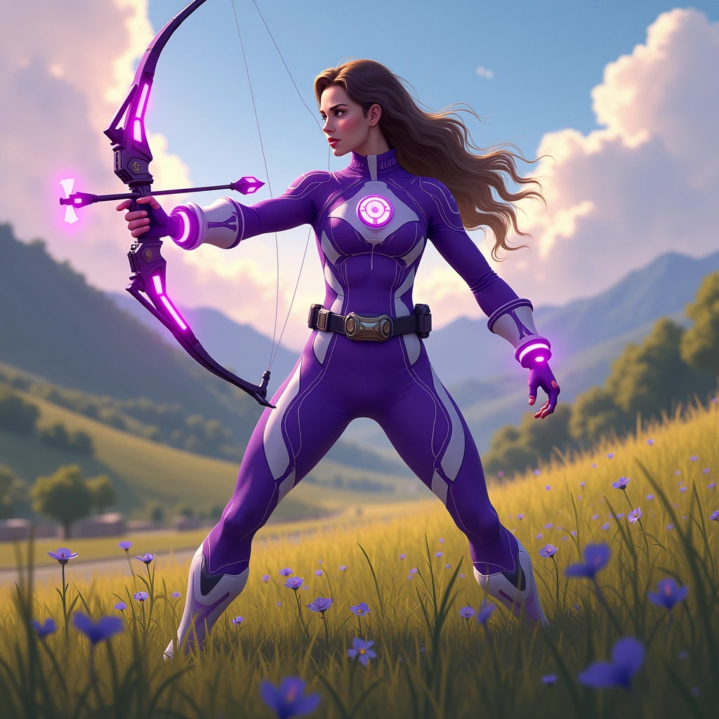 Power Head, Female purple rangers wearing purple tracksuits holding arrows in field area