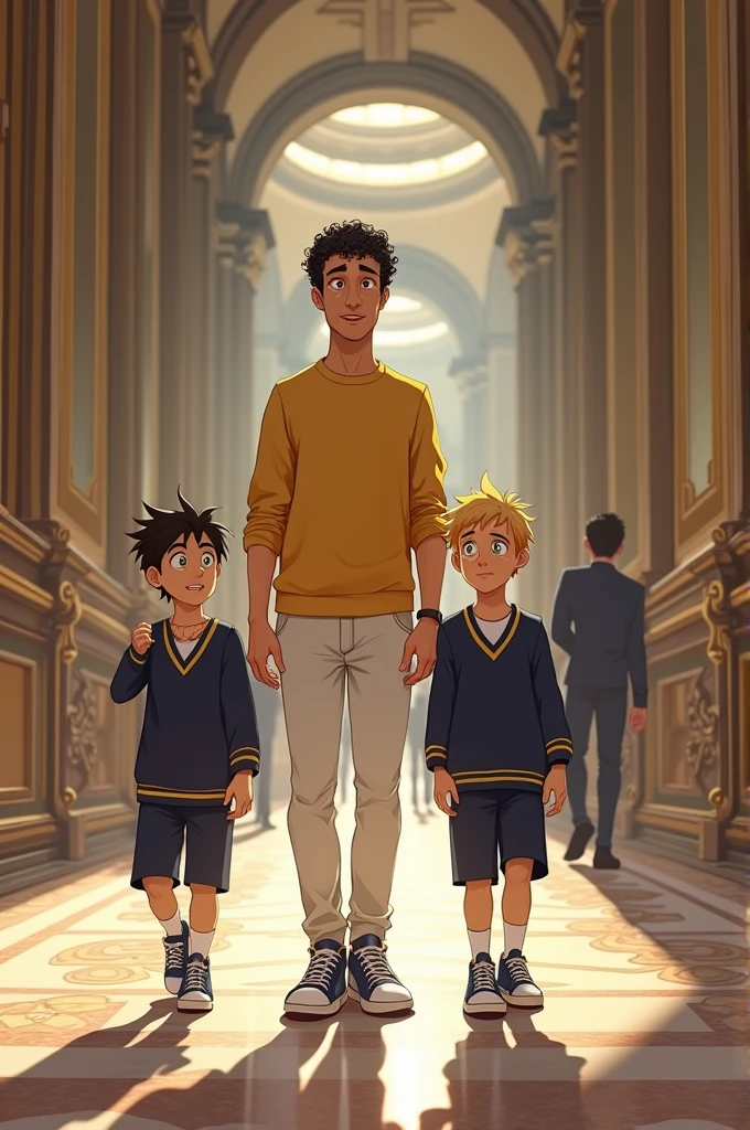 In the grand corridors of the Vatican, the medium height, medium build white man with short, curly black hair, white skin, brown eyes, and a goatee is dressed in his classic yellow dress shirt, white pants, and blue sneakers. He is accompanied by two teenage boys, both dressed in dark blue school uniforms with yellow trim, exuding youthful energy and excitement.The first boy, slender with spiky black hair and a few pimples on his face, has a curious gleam in his eyes as he eagerly explores the historic surroundings. The second boy, taller with a more athletic build, has blonde hair that frames his green eyes, which sparkle with enthusiasm. Both teens are clearly thrilled to be on this adventure, their smiles wide as they take in the awe-inspiring art and architecture that surrounds them.