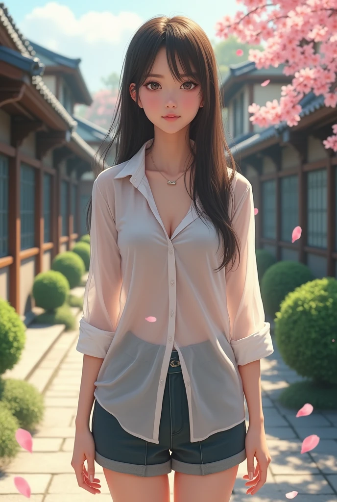 cute beautiful woman wearing thin white shirt, Japan, school,