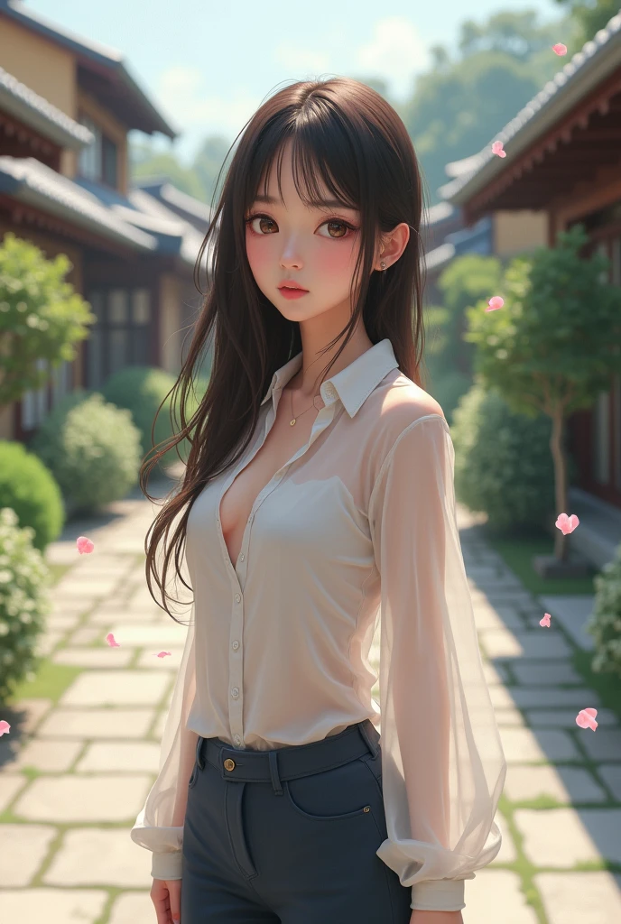 cute beautiful woman wearing thin white shirt, Japan, school,