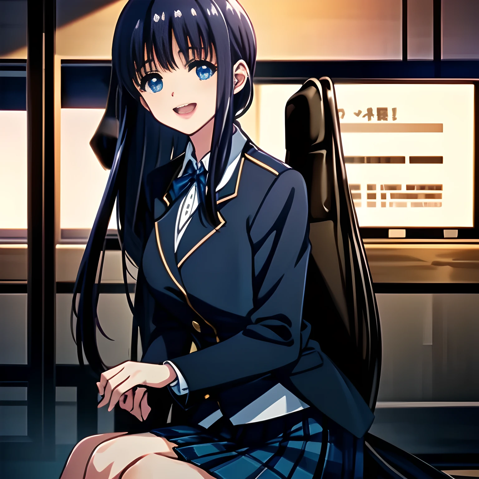 (highest quality, masterpiece, Full HD, High definition: 1.2), (Japanese Game CG art of beautiful giggling seated girl, charming me: 1.3), (Just one very beautiful date-game heroine who is looking and laughing at me, Very detailed cute yo heroine's eyes and face, Beautiful eyes with detailed: 1.0),  (Girl whom everyone loves because of her beauty and lovely fashion and noble manner. : 1.0),  (Very beautiful, wavy, cutely shining super-super-long blue hair, with elegant hair ribbons, spreading on whole the screen: 1.0), (Laughing very beautiful and lovely sapphire-blue intelligent eyes which charms and enslave me inevitably, with clearly detailed: 1.4), (Shining clear eyes are really clearly detailed: 1.2), (very long eyelashes: 1.0), (Noble black neat sailor-styled formal school uniform with a noble expensive ribbon on the chest: 1.0), (Charming neat blue & navy tartan-checkered pleated long school skirt: 1.5),  (Soprano singer of classic music: 1.0), (Can't stop giggling: 1.6), Clear skin