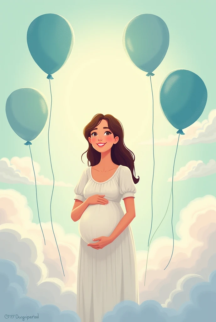 Make me a baby shower invitation with a picture of a boy and a background of clouds and balloons that say I'll wait for you at my baby shower and a mom with a pregnant belly
