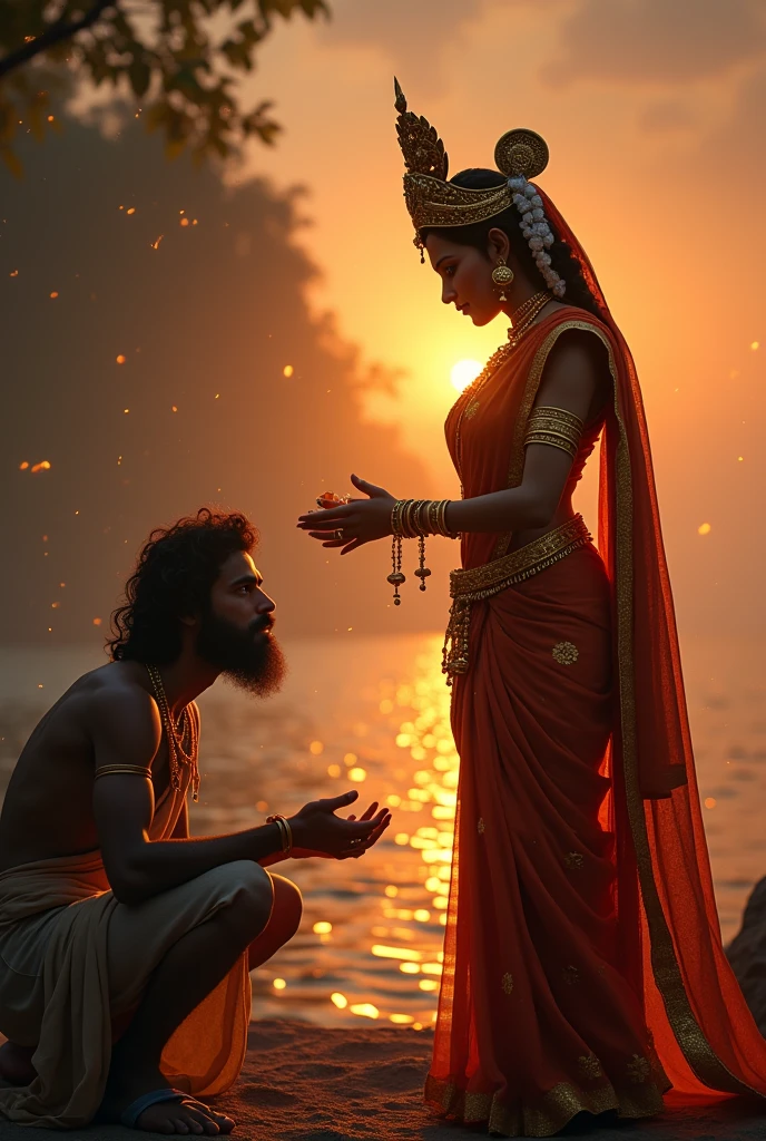 Cool cinematic animated character art, Silhouette of indian godess of food Annapoorna giving food to a poor male beggar, beggar bowing in respect, godess wearing Gold and red saree, golden jewellery, ancient golden crown, smiling expression, glowing particles in atmosphere, river Ganga in background, early morning, darkness in atmosphere, mysterious vibe, colour graded, vibrant, 4khd