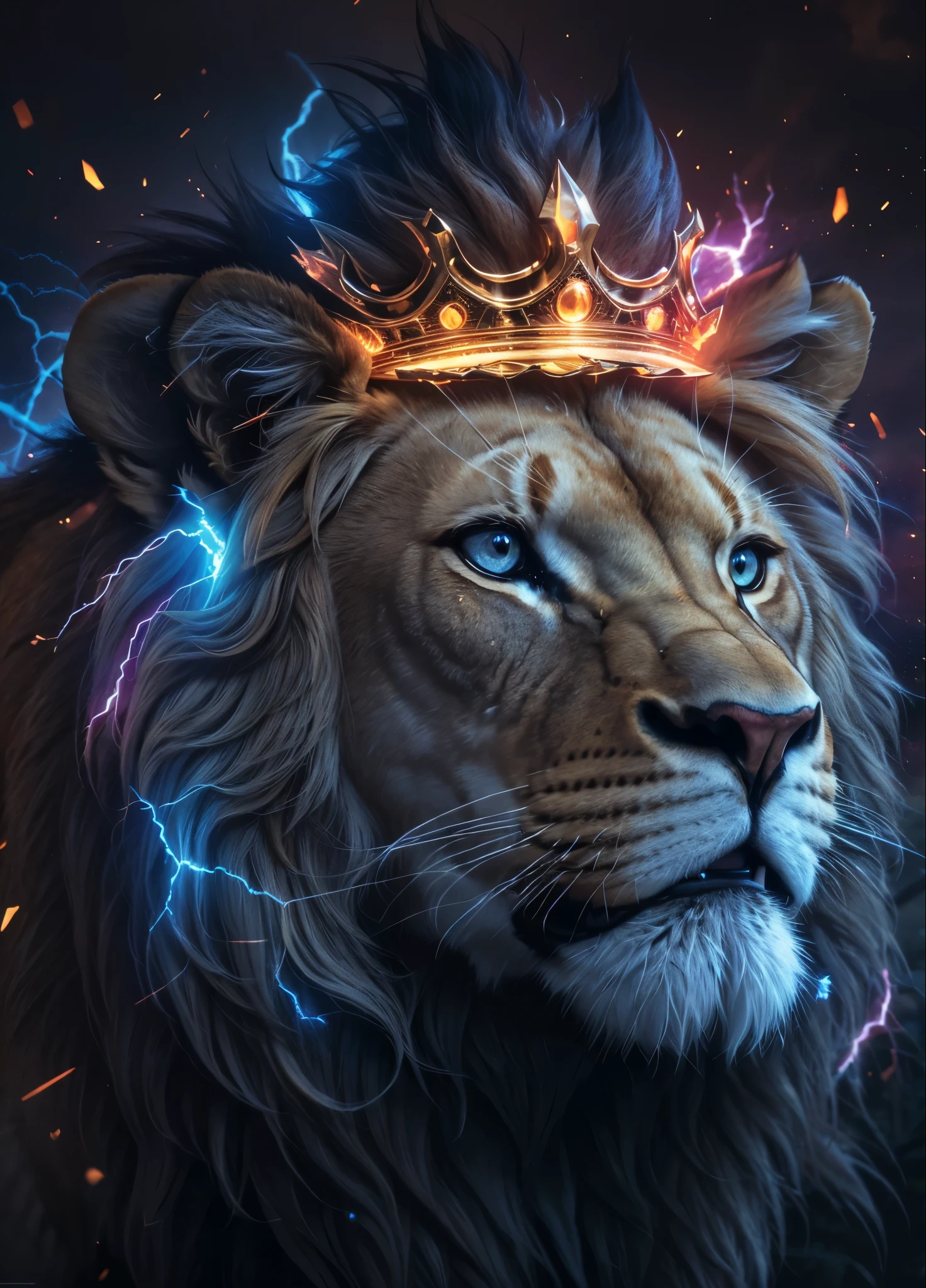 Lion, Divine Lion, naturals, naturals, ferocious, masculine, mighty, golden lion, Powerful Lion, beautiful nature, Great Realistic Lion, FullHD 8k, Light of sky, twilight, ferocious, Criatura ferocious, furious lion, Detailed Realistic Lion, Ultra Realistic HD Light, Photorealistic Detailed Shadows, UltraHD Photorealistic Definition, sunset night, Clear sky Sun, Blue Bolts, Thunders, detailed realistic face, 8k Detailed Realistic White Lion, ultrarealistic 8k |Energia de thunder realista detalhada, Strong Creature realista detalhada, Strong Creature, Lion macho, Rendering, Fotorrealista 8k, UltraHD Alta definição 8k, Detailed Realistic 16k, Nitidez Fotorrealista 8k, 16K photorealistic textures, Contraste Fotorrealista 8k, Sombras Fotorrealistas 8k, Luzes Fotorrealistas 8k, Detailed Realistic Sunset, Detailed Realistic Lion Face, Detailed realistic light, detailed textures, thunder, detailed shadows, detailed colors, Celestial Electricity, Golden thunder, Lion realista, Ultra Realistic 16k, Realistic 16k, Realistic 16k sharpness, 16K photorealistic textures, 16K realistic colors, powerful creature, Majestic power, Power of Heaven, Great Divine, detailed contrast, realistic contrast, high resolution, detailed colors, fire, villany, divine creature, 8k, realistic detailed, 16K, 8k, High definition, detailed contrast, realistic contrast, high resolution, detailed colors, fire, villany, divine creature, realistic detailed, posh, chic, Rosto ferocious, Furor, strong powerful, Elegância ferocious,