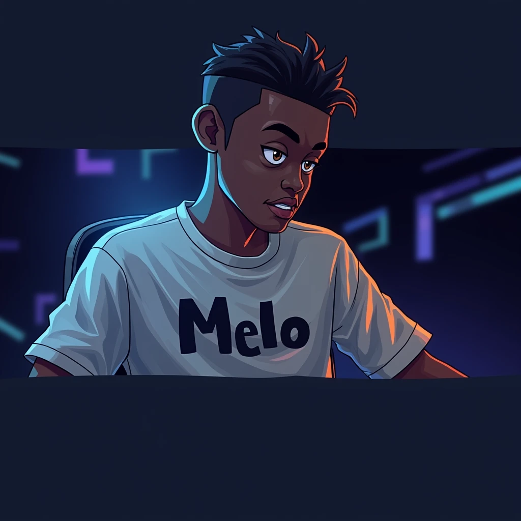 Logo gaming avec le nom melo sur le t-shirt d'un ado noir avec une coiffure tapper qui joue au jeux vidéo 
