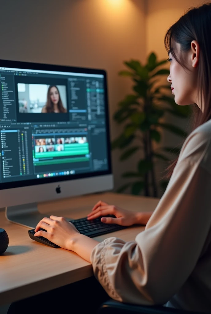 A good PC! that on the monitor there is a video editing program and written at the bottom of the screen link in the bio without looking too much like an AI try as much as possible to be a humanized photo put the arms of a human moving in it take this photo of the older girl and put a beautiful girl