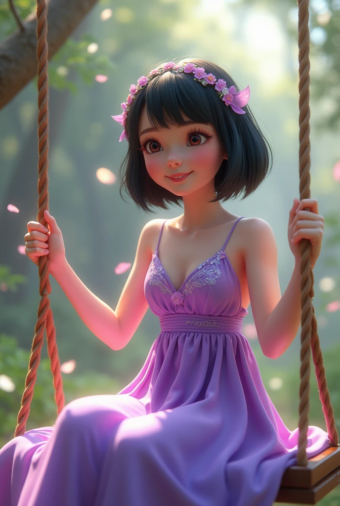 3D. Woman sitting on a swing smiling wearing a flowy purple dress with a glitter on her shoulders. She is wearing a headband and she is a short shoulder level black hair.
