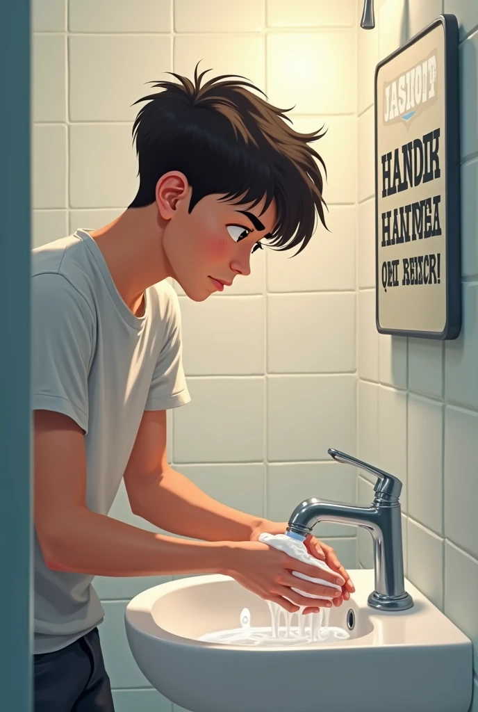 The young man is in the bathroom, applying soap.
A BIG sign on the sink says: “Wash your hands for at least 20 seconds.