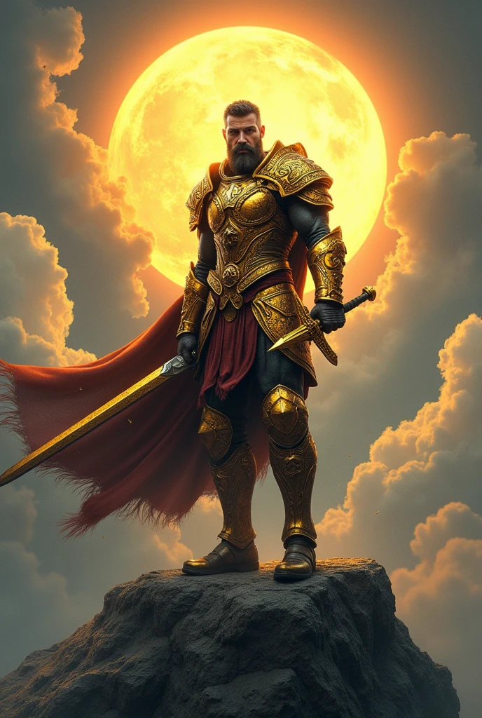 a close up of a person in armor holding a sword, Complex armor patterns，golden armor，Stand on top of a high mountain，Clouds in the sky surround the sun，(professional 3d render:1.3) of (Realistic:1.3) The most beautiful artistic photo in the world，soft features, Brilliant male hero, ((Epic hero rough fantasy muscular male, Intense expression of short beard and dynamic pose, Fantastical location, Majestic environment)), Full body 8k unit rendering, action shot, skin pore, Detail Make, (vibration, Realistic photography, Realistic, Dramatic, darkly, sharp focus, 8k), (Old leather clothing damaged due to bad weather:1.4), ((((Use skins)))), (complex:1.4), decadent, (highly  detailed:1.4), digitial painting, rendering by octane, art  stations, concept-art, sharp focus, illustration, From the budding of art, (loish:0.23), wlop ilya kuvshinov, and Greg Rutkowski and Alphonse Mucha Gracias, (global ilumination, studiolight, Amount of light), Floating particles, lotr, fanciful, Wholeesbian body, ((Dark and ancient city background:1.3)),CGSesocieda,art  stations