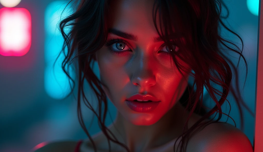Photo femme Selfie erotique, hyperrealistic , cyberezlistic, Selfie, brun, blue eye, wavy hair