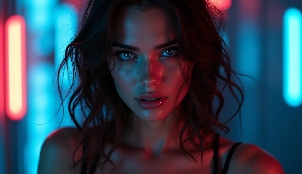 Photo femme Selfie erotique, hyperrealistic , cyberezlistic, Selfie, brun, blue eye, wavy hair