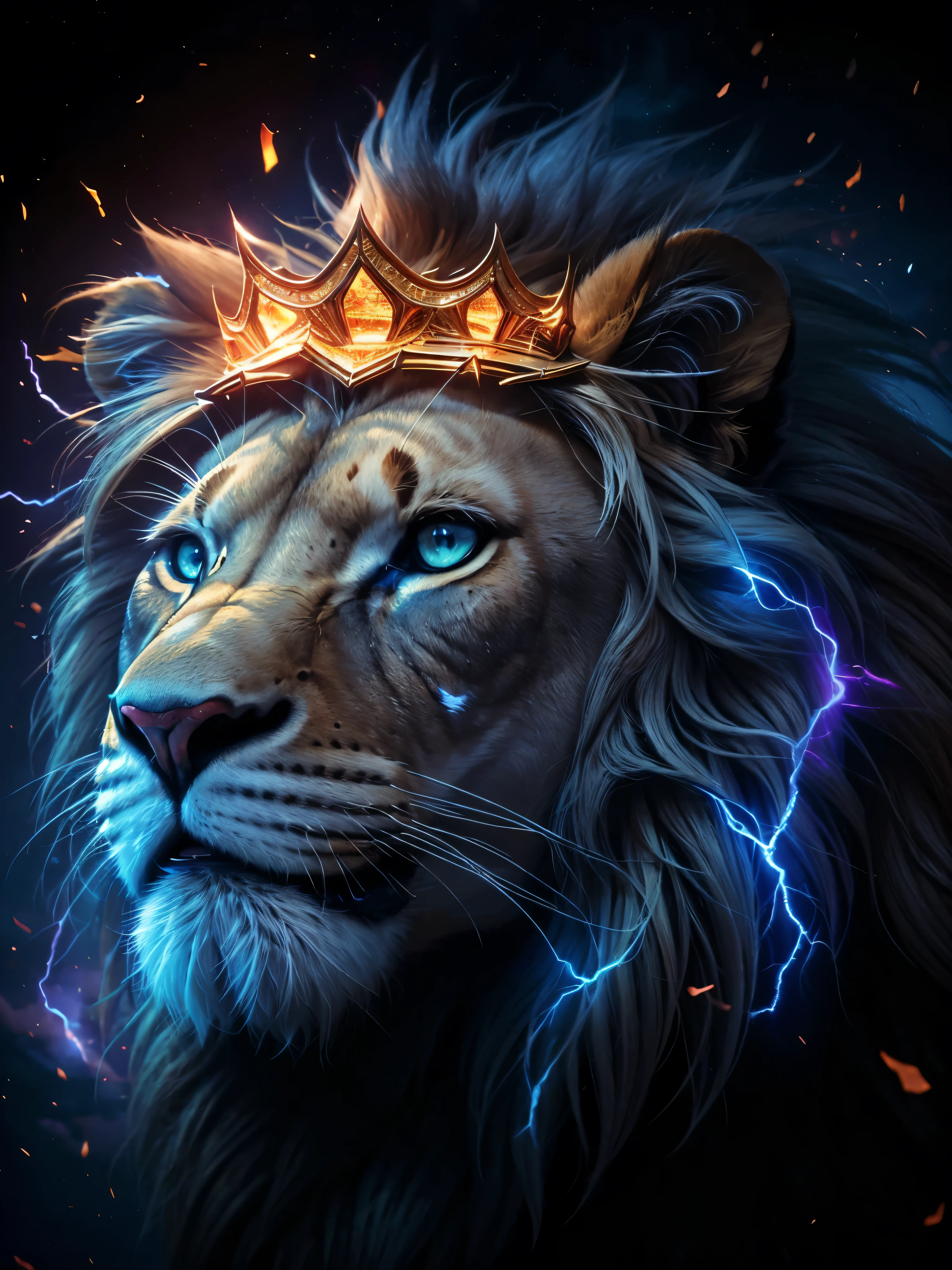 Lion, Divine Lion, naturals, naturals, ferocious, masculine, mighty, golden lion, Powerful Lion, beautiful nature, Great Realistic Lion, FullHD 8k, Light of sky, twilight, ferocious, Criatura ferocious, furious lion, Detailed Realistic Lion, Ultra Realistic HD Light, Photorealistic Detailed Shadows, UltraHD Photorealistic Definition, sunset night, Clear sky Sun, Blue Bolts, Thunders, detailed realistic face, 8k Detailed Realistic White Lion, ultrarealistic 8k |Energia de thunder realista detalhada, Strong Creature realista detalhada, Strong Creature, Lion macho, Rendering, Fotorrealista 8k, UltraHD Alta definição 8k, Detailed Realistic 16k, Nitidez Fotorrealista 8k, 16K photorealistic textures, Contraste Fotorrealista 8k, Sombras Fotorrealistas 8k, Luzes Fotorrealistas 8k, Detailed Realistic Sunset, Detailed Realistic Lion Face, Detailed realistic light, detailed textures, thunder, detailed shadows, detailed colors, Celestial Electricity, Golden thunder, Lion realista, Ultra Realistic 16k, Realistic 16k, Realistic 16k sharpness, 16K photorealistic textures, 16K realistic colors, powerful creature, Majestic power, Power of Heaven, Great Divine, detailed contrast, realistic contrast, high resolution, detailed colors, fire, villany, divine creature, 8k, realistic detailed, 16K, 8k, High definition, detailed contrast, realistic contrast, high resolution, detailed colors, fire, villany, divine creature, realistic detailed, posh, chic, Rosto ferocious, Furor, strong powerful, Elegância ferocious,