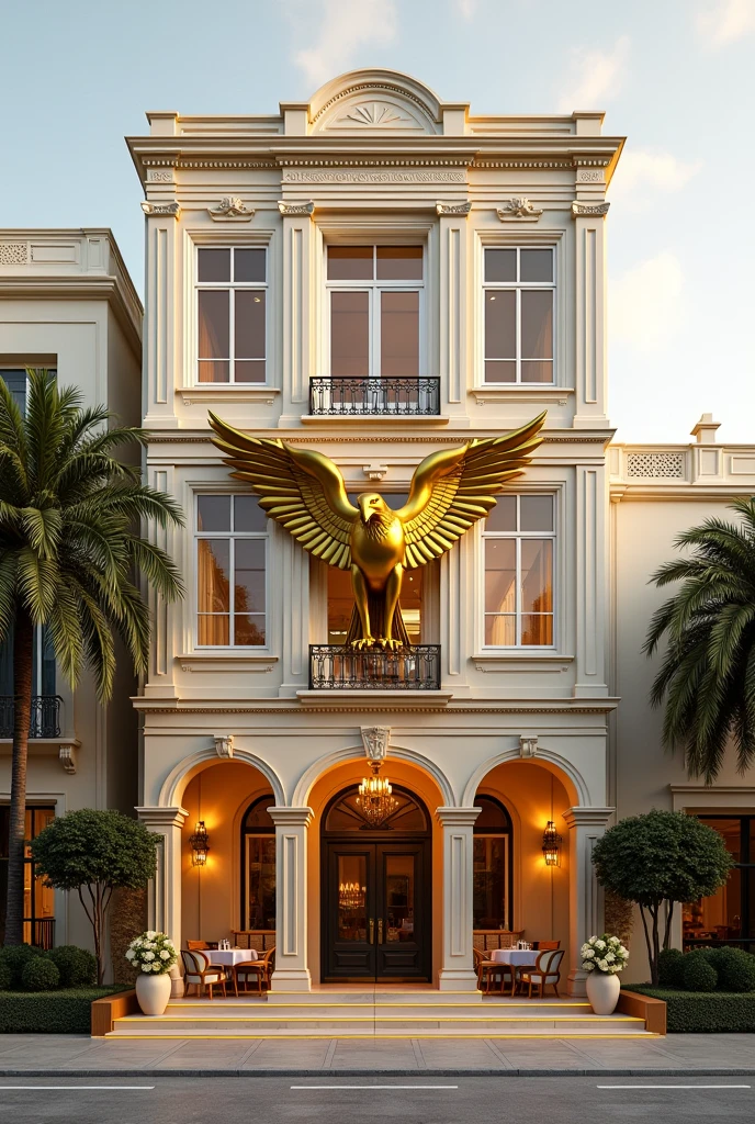 Create the image of the Aguia de Ouro restaurant, It has 3 floors, it's cream and gold, and on its facade, has a big golden eagle in 3D, sophisticated