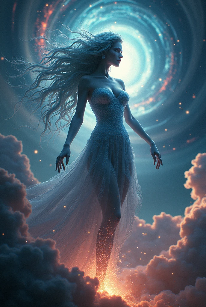 An enchanting female gestalt entity with mesmerizing eyes, sinuous curves, and an ethereal glow, beckoning souls towards their darkest desires. kVoidEnergy, particle explosion, light beams, cloud,colorful, starry,stars, darkest fantasy 