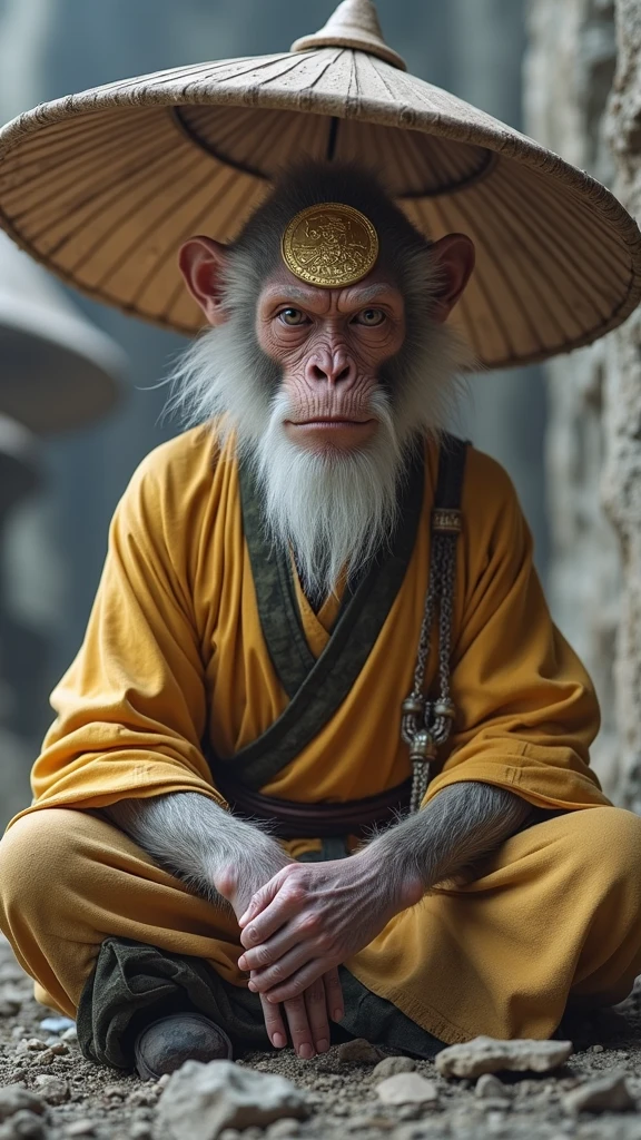 a close up of a monkey with a gold coin on its head, sun wukong, wukong, humanoid monkey fantasy race, planet of the apes, macaque inside alien base, 4 k detail fantasy, 3 d ape shaman profile portrait, marmoset render, cyber monkey in the scifi forest, from warcraft, artstation 4k, ape, (Black Myth: Wukong:1.4), (Rey Mono:1.4), (Rey Mono:V2.1), high quality, (RAW photo, best quality), (realistic, photorealistic: 1.4), (extremely delicate and beautiful: 1.4), amazing, fine details, masterpiece, ultra detailed, high resolution, best illustration, best shadow, intricate, ( extremely intricate: 1.2), (exquisitely detailed skin), cinematic light, perfect anatomy, (cool color: 1.4), sharp focus, 8k UHD, DSLR, (Fujifilm XT3),(iluminación cinematográfica :1.4), (estilo cinematográfico :1.4), (pelo realistic mono:1.4), (pose medio cuerpo :1.4), ,(Fondo de ruinas de mazmorra en ruinas:1.4 )