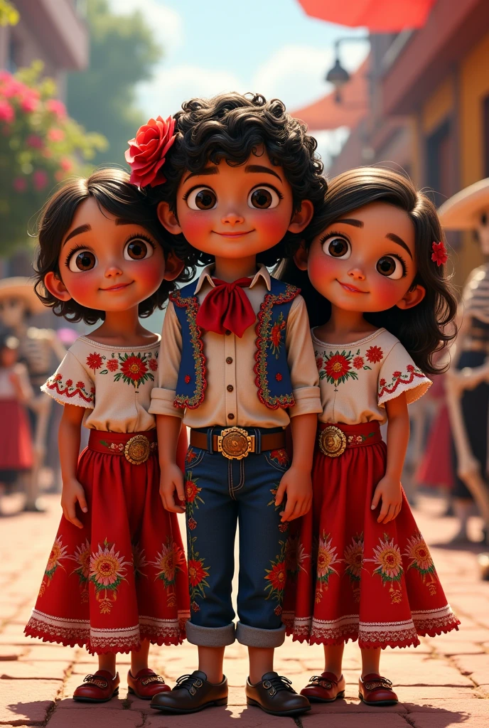 Three children dressed alike in a red dress, skirt and white top in the Mexican mariachi style, the child in the center medium hair ,up to the shoulder with lots of curls and a red rose on the head holding it , eyes browns , skin fair , the two children at the end are identical , gêmeas loiras eyes browns e skin fair com o fundo do filme viva a vida é uma festa da Disney Pixar com caveirinhas mexicanas dançando
