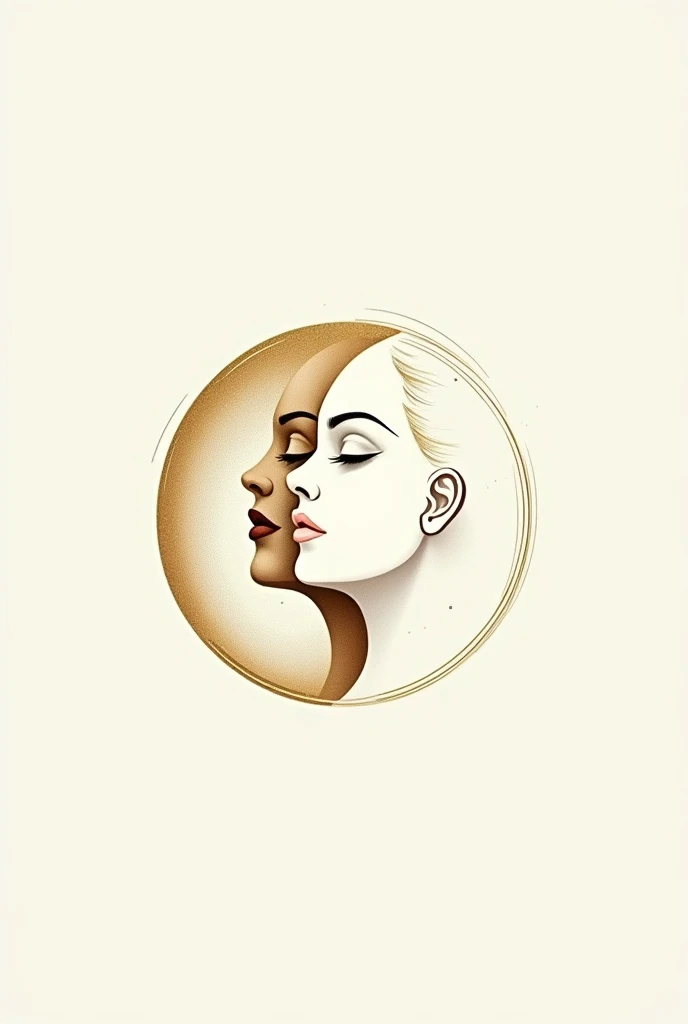 Make me a logo that has two faces in profile, one with its back to the other., delimited by a golden circle with fine lines and light colors, aesthetic and elegant