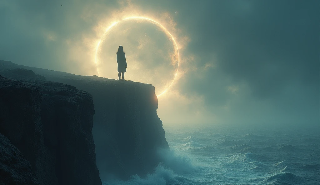 An individual standing on a cliff overlooking a vast ocean with a glowing eclipse in the sky, symbolizing personal and collective transformation. The scene should evoke a sense of vast potential and change. --ar 16:9