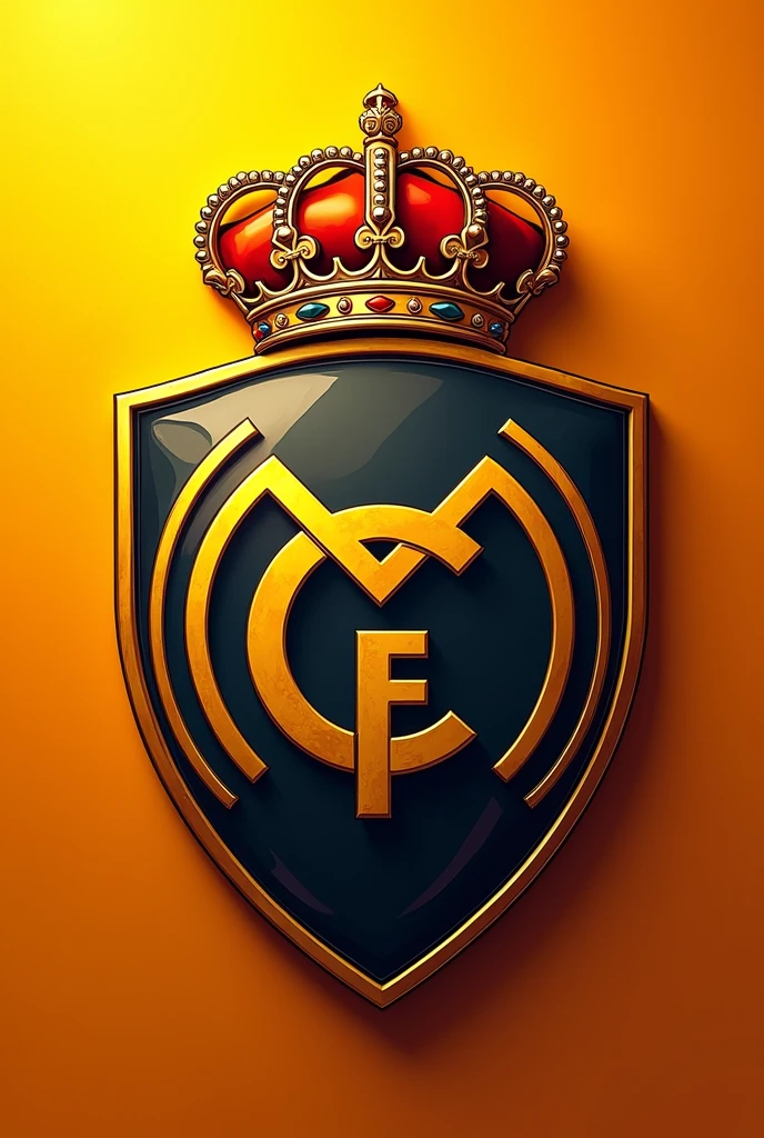 Generates a very detailed royal-related football shield with a crown in orange colors, black and a light yellow one and the shield should say REAL CAMBAS FC spelled correctly and should look like the Real Madrid shield