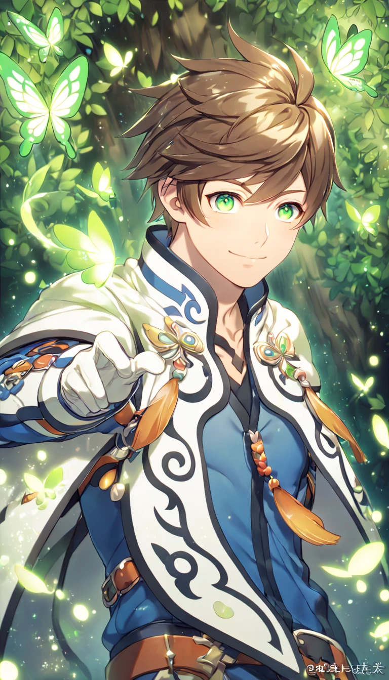 absurdres, highres, ultra detailed, HDR, master piece, best quality, extremely detailed, detailed eyes, Sorey, brown hair, expressive green eyes, Tales Of Zestiria, solo, sexy man, sensual, handsome, smile, manly man, blue clothes, white cape, white gloves, under a green tree, fantasy, magical, glittering fireflies, green butterflies, green flames, magic, green leaves