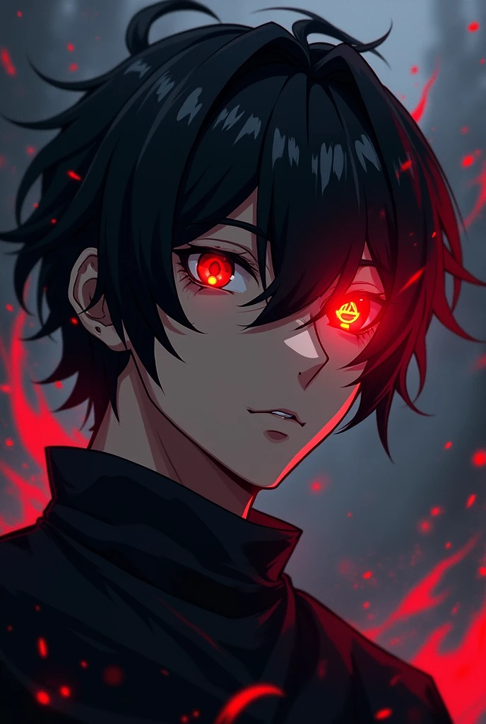 Anime boy god of death, Black hair, covering his left eye, burned blood red 