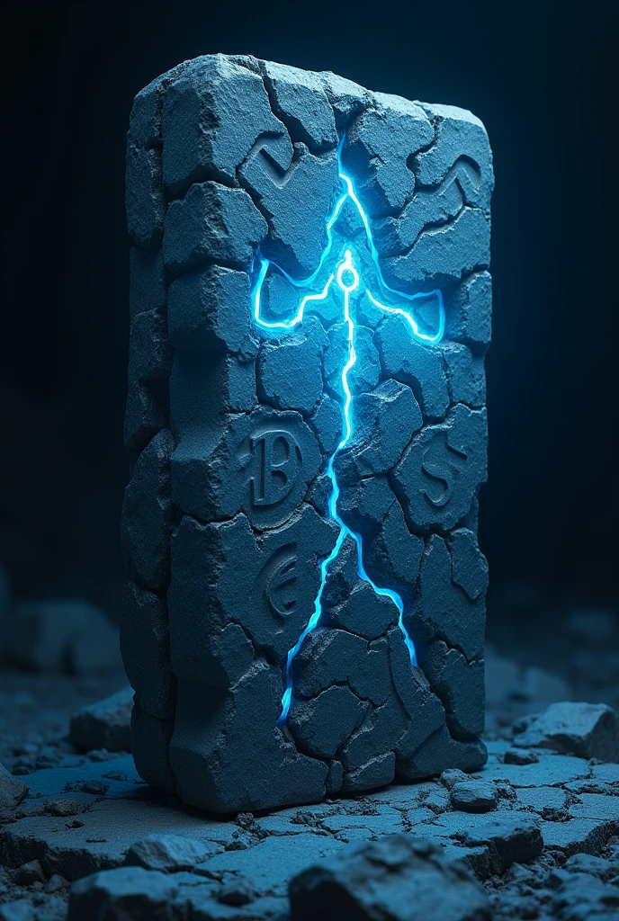 Blue emissive cracked stone tablet with symbols , 3D stylized