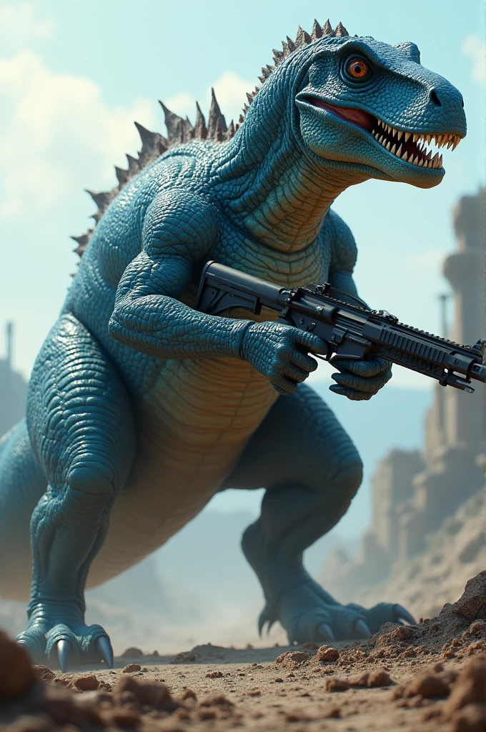 Photo of a blue dinosaur with a gun in its hands